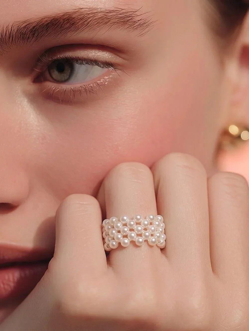 Wide Pearl Beaded Stretch Ring – Multi-Row Cluster | Adjustable Size Minimalist